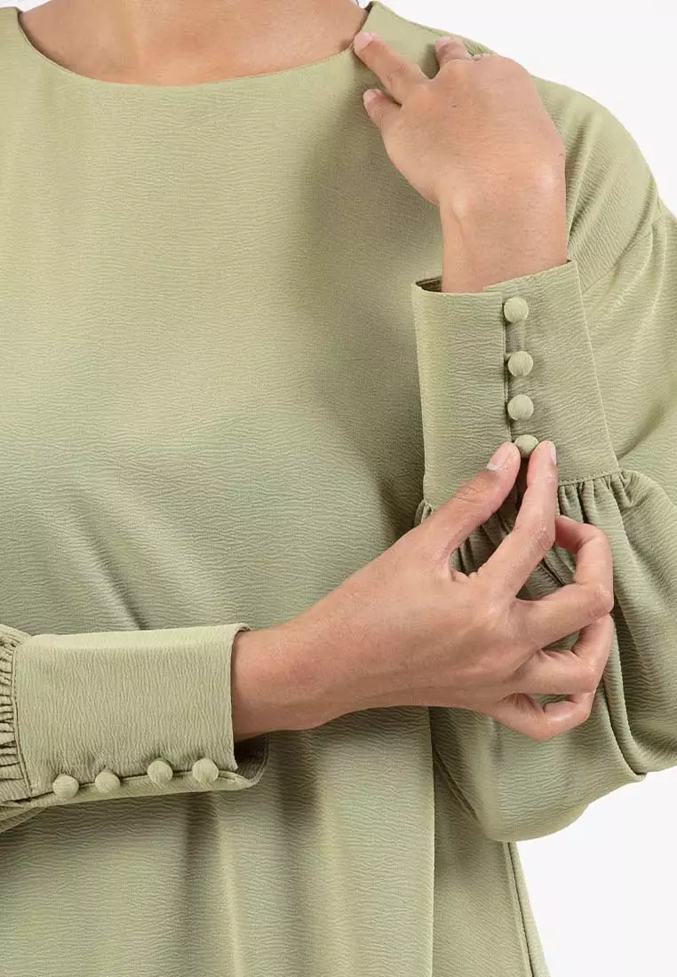 Forest x Hatta Dolmat Ladies Woven Plain Textured Cuffed Long Sleeve Midi Dress - 885069-41Green