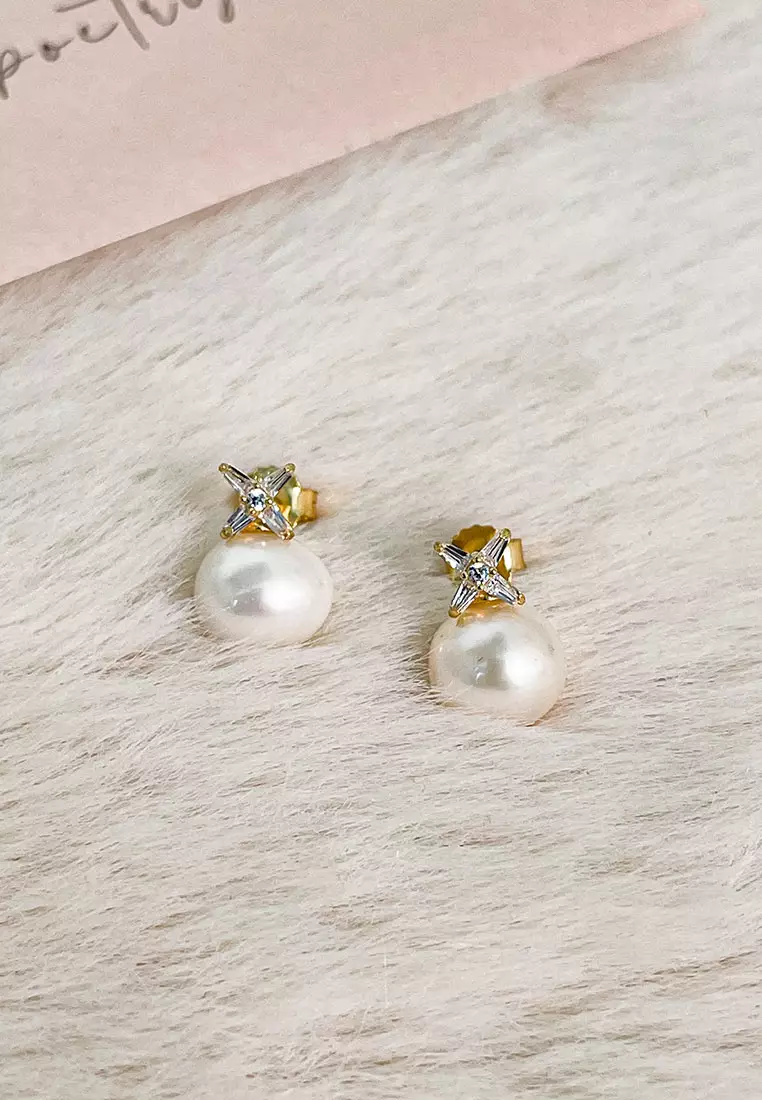 Renee White Pearl Stud with Cross Cubic Zirconia Earrings in Gold