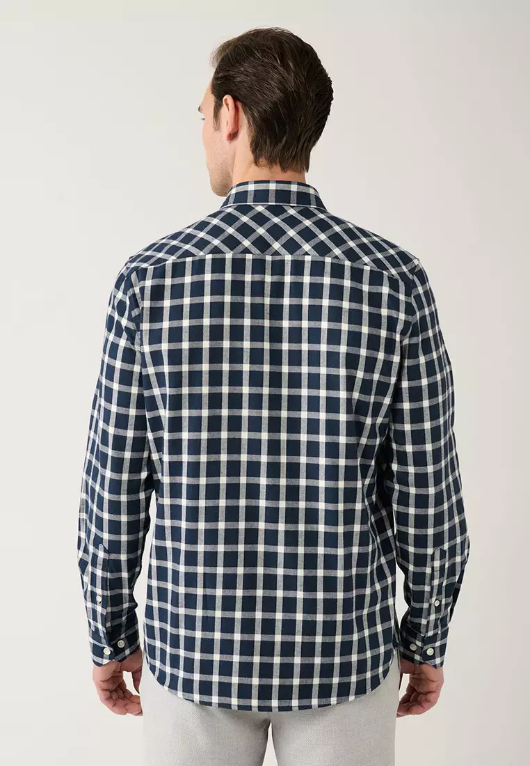 Men's Navy Blue-White Cotton Plaid Flannel Lumberjack Shirt A32Y2158