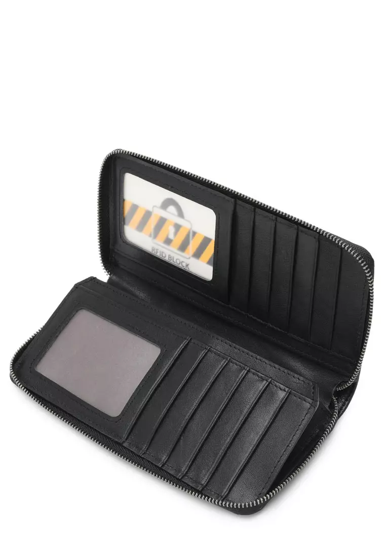 Men's Genuine Leather Zipper Long Wallet - Black