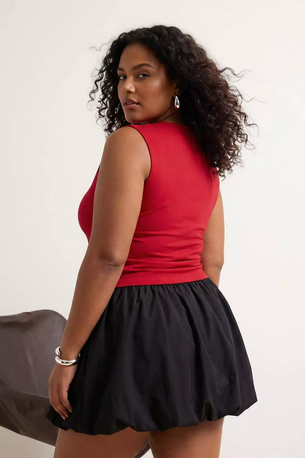 Red Mock Neck Ruched Detail Sleeveless Knitted Large Size Blouse Tbbss26Af00065
