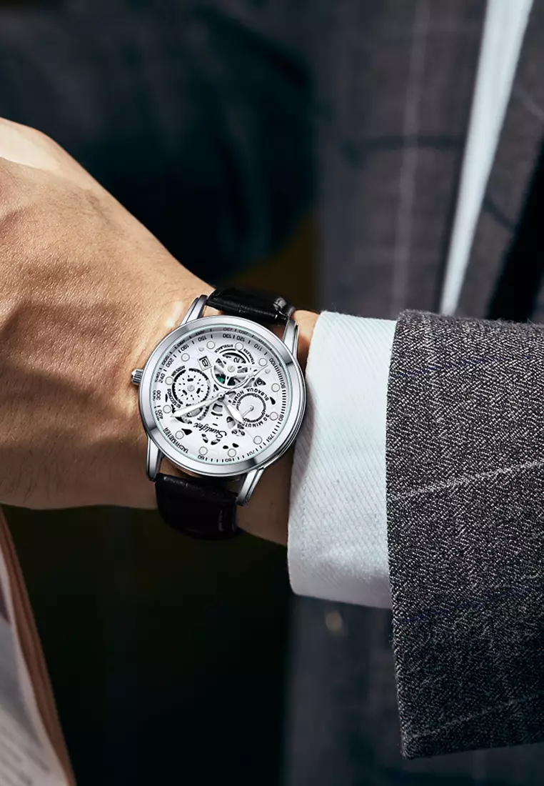 Jam Tangan Pria Dial Berongga Anti Air Kuarsa Tali Kulit Jam Pria Original Santai Mode Jam Tangan Cowok 7001 black white