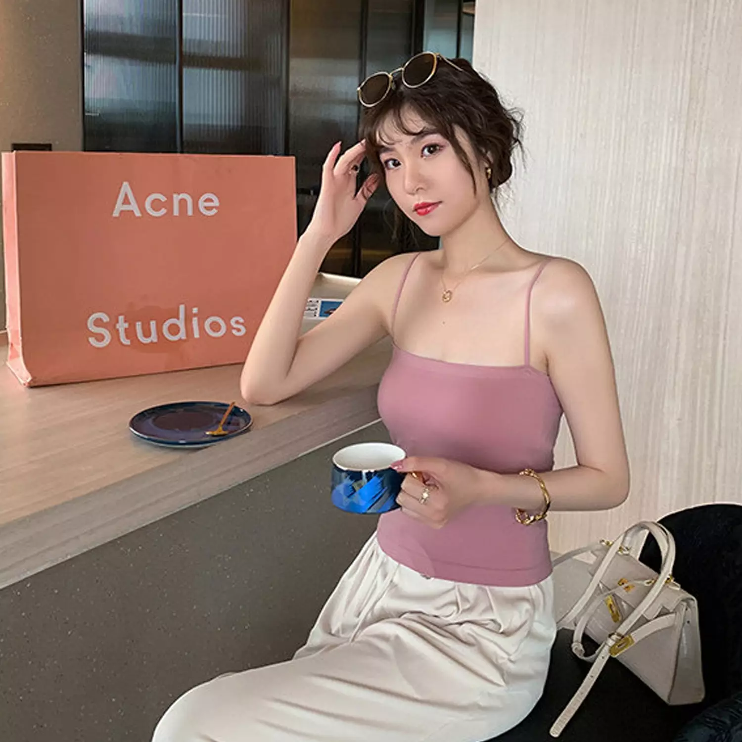 Wakakids Tanktop Bra With Cup Wanita Basic Square Tali Spaghetti Polos Tanpa Kawat 4503 Venrc Pink