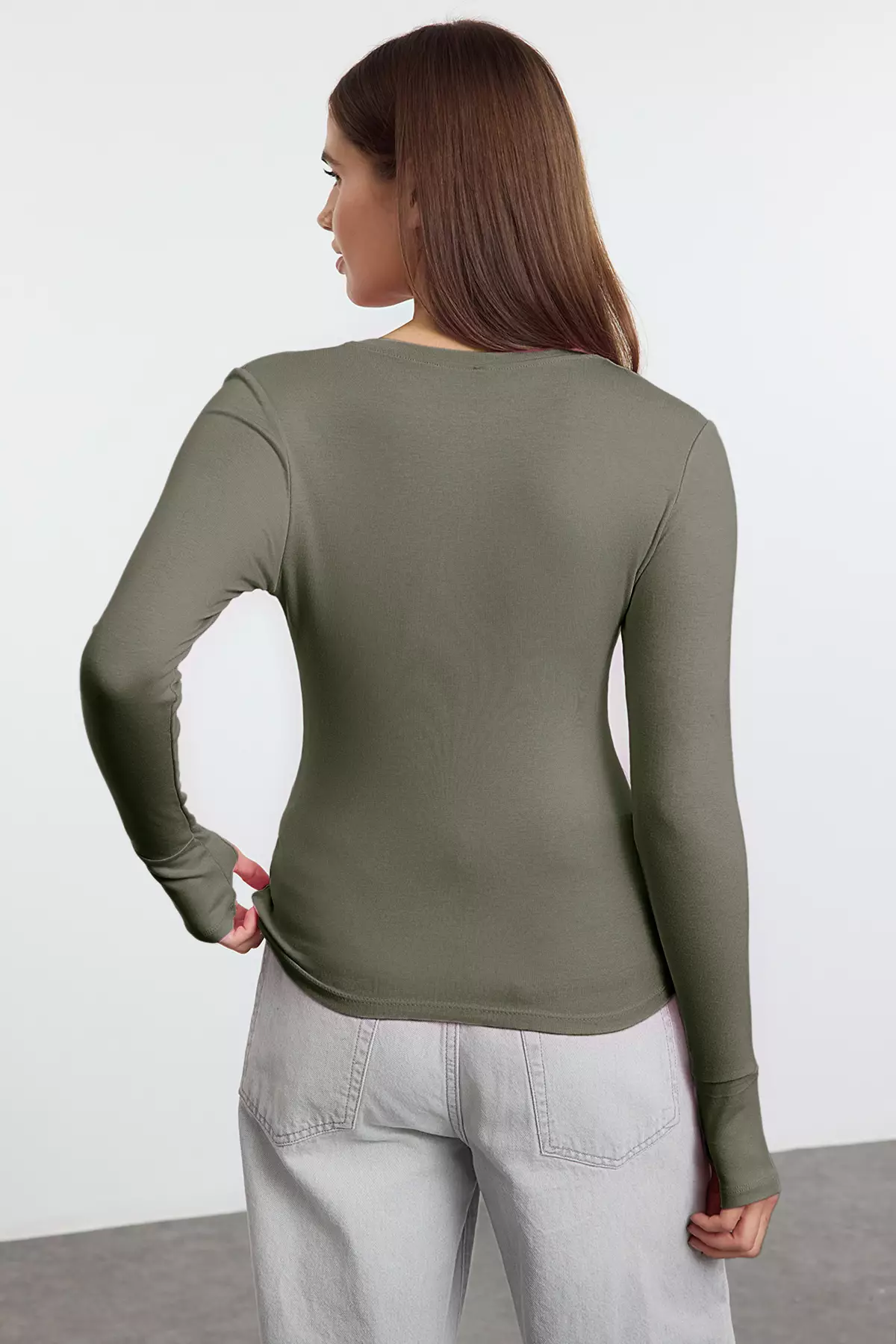 Khaki Viscose/Soft Fabric Finger-Touch Detailed Flexible Knitted Blouse