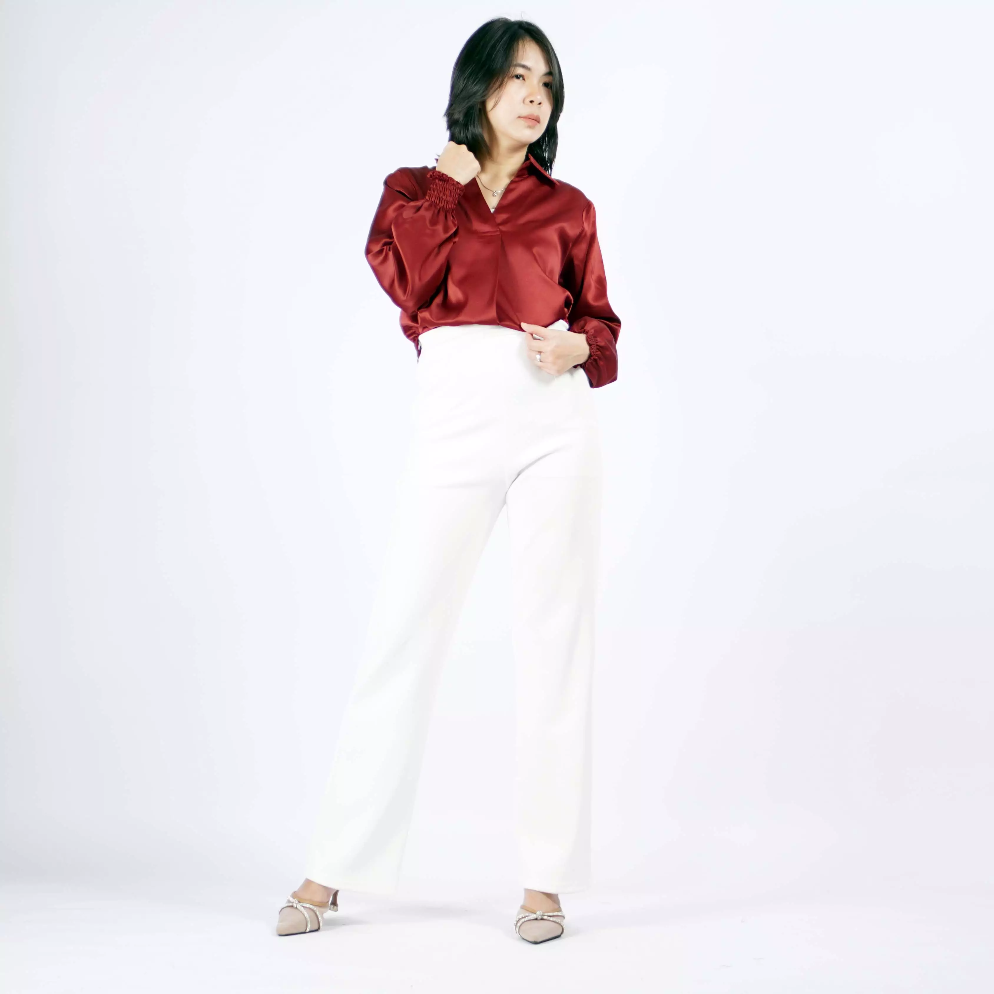  SAFIRE Top Satin Blouse Satin Gaya Korea Blus Elegan Krah V - Marun