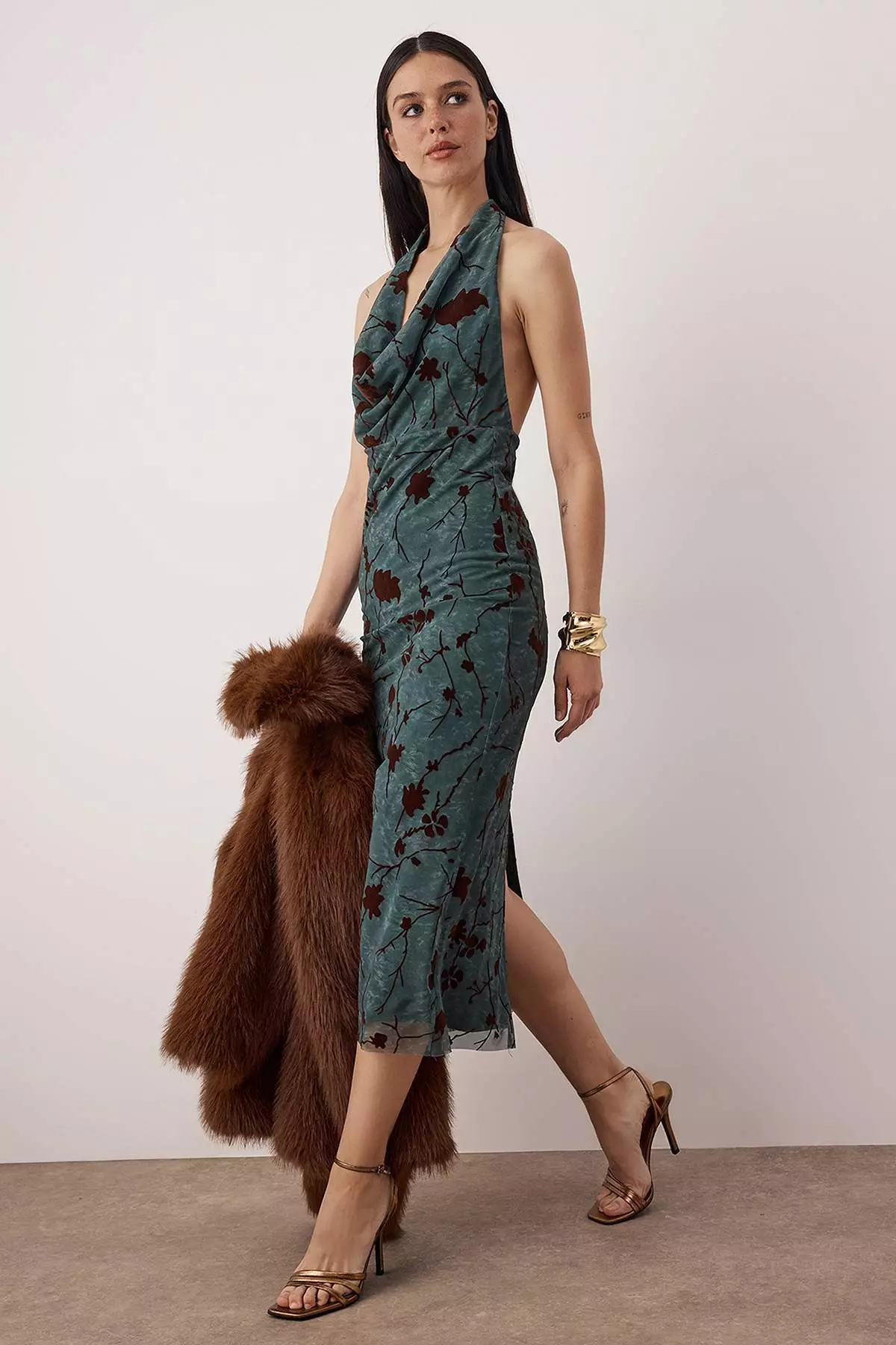 Emerald Green Floral Knitted Tulle Midi Lined Graduation/Prom Dress Tpraw26El14