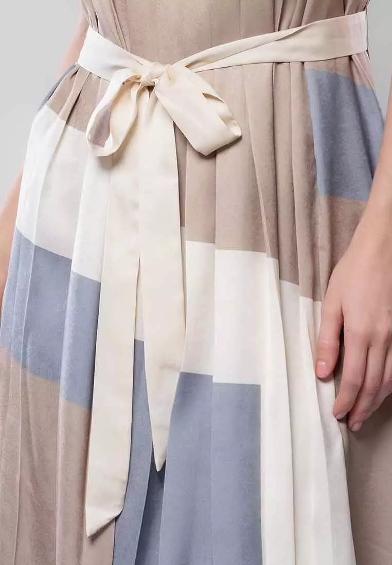 Virelle Pleated Shift Sleeveless Dress with Adjustable Belt