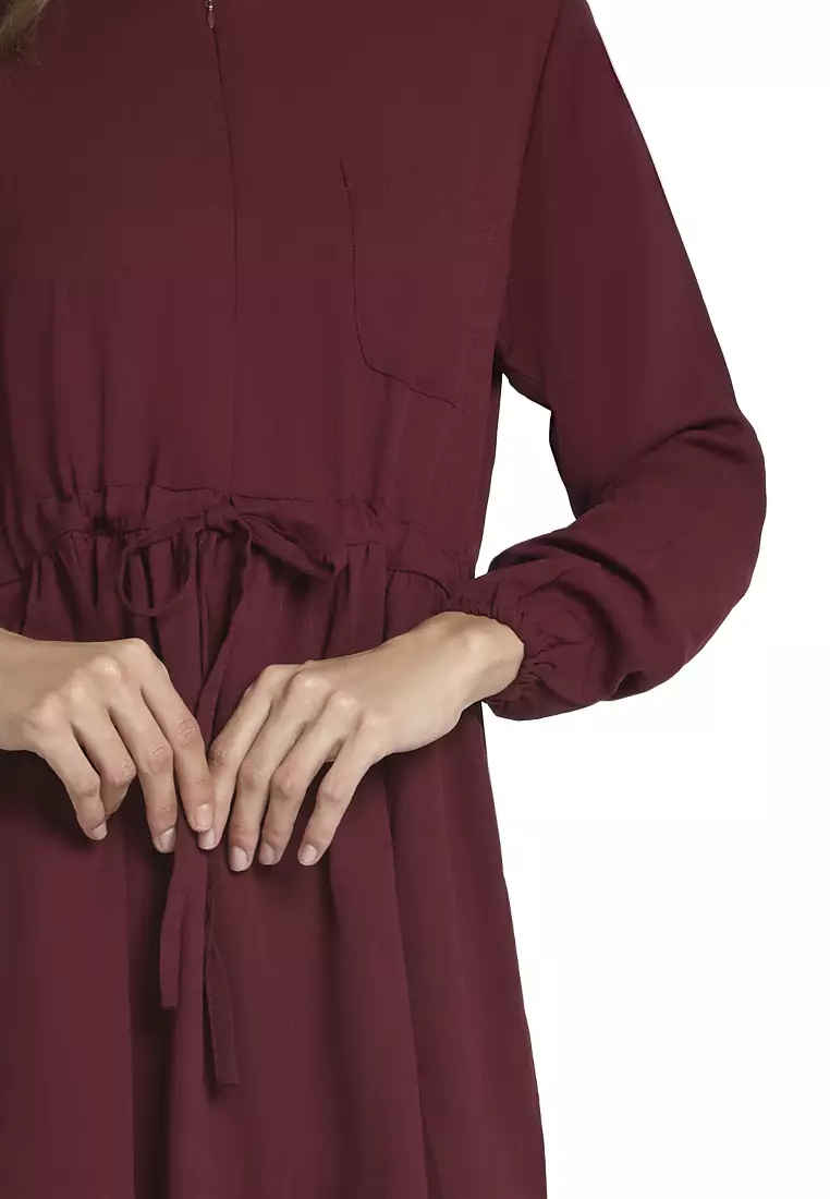 Leyna Mini Dress Wanita Long Sleeves Motif Solid Design Casual Regular Fit - Maroon