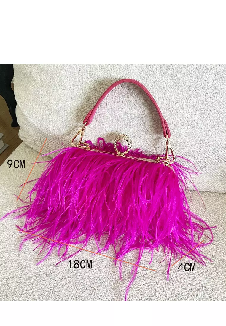 Ostrich Feather Ring Buckle Chain Crossbody Shoulder Small Square Bag