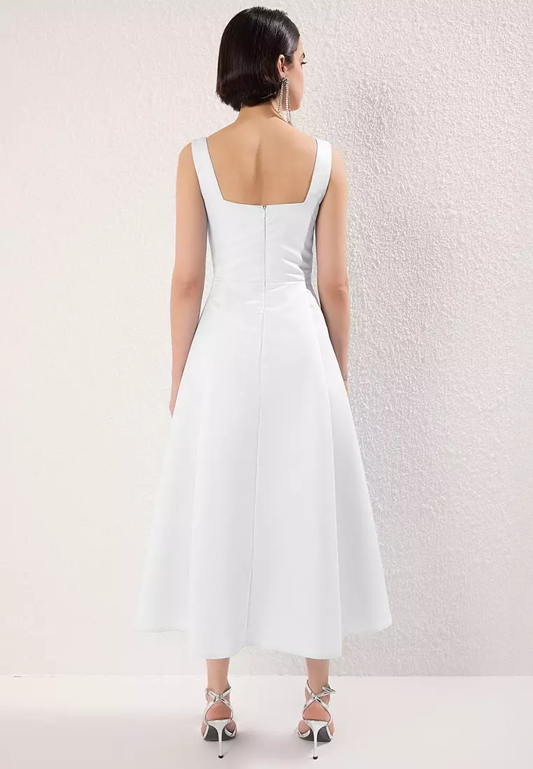 White A Line Satin Stylish Evening Dress