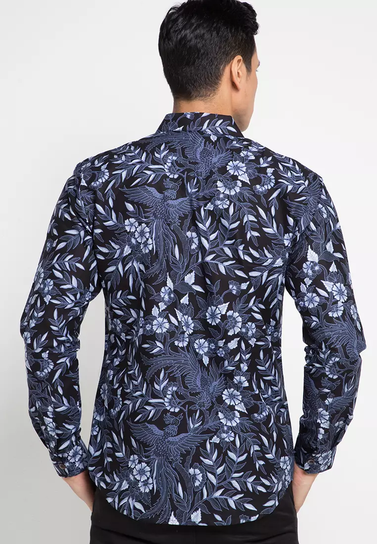 Kemeja Slim Fit Batik Pria Lengan Panjang Aqnasa Navy Black
