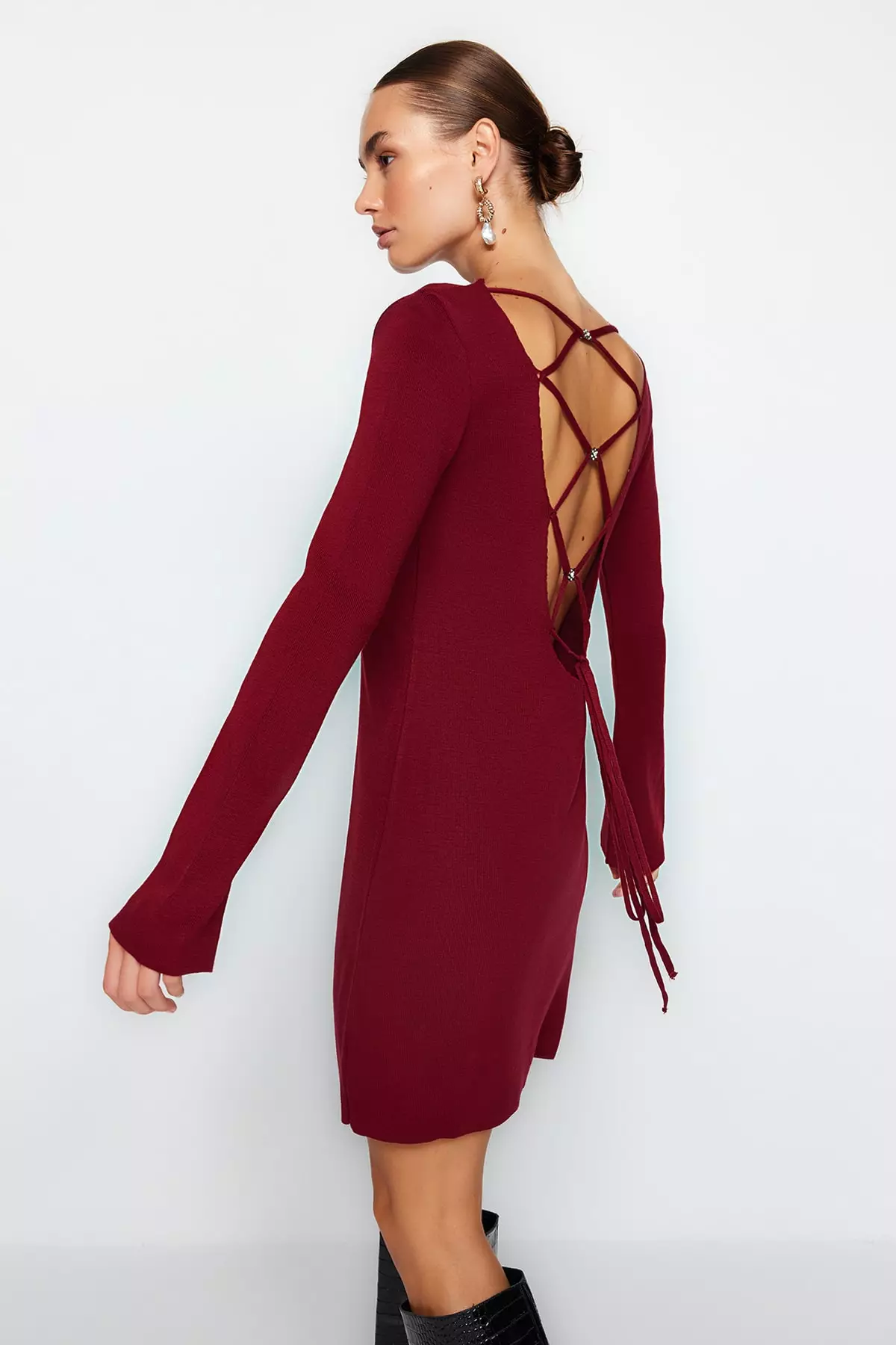 Red long on sale sleeve backless dress