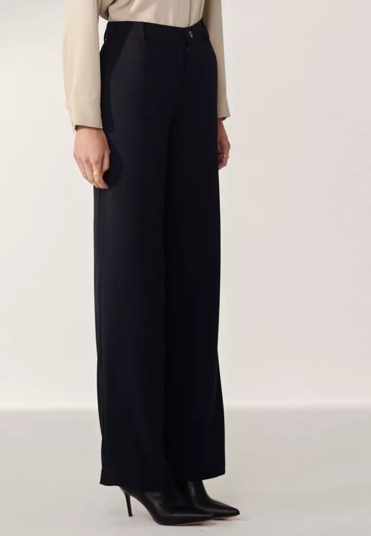 深藍鬆緊帶直筒寬褲