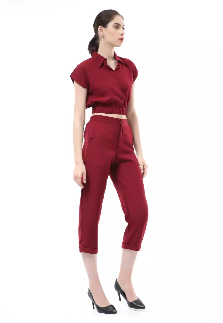 Nayra One Set Setelan Atasan Crop Karet Lengan Pendek Basic Pants Wanita Material Dolce ORIGINAL - Maroon