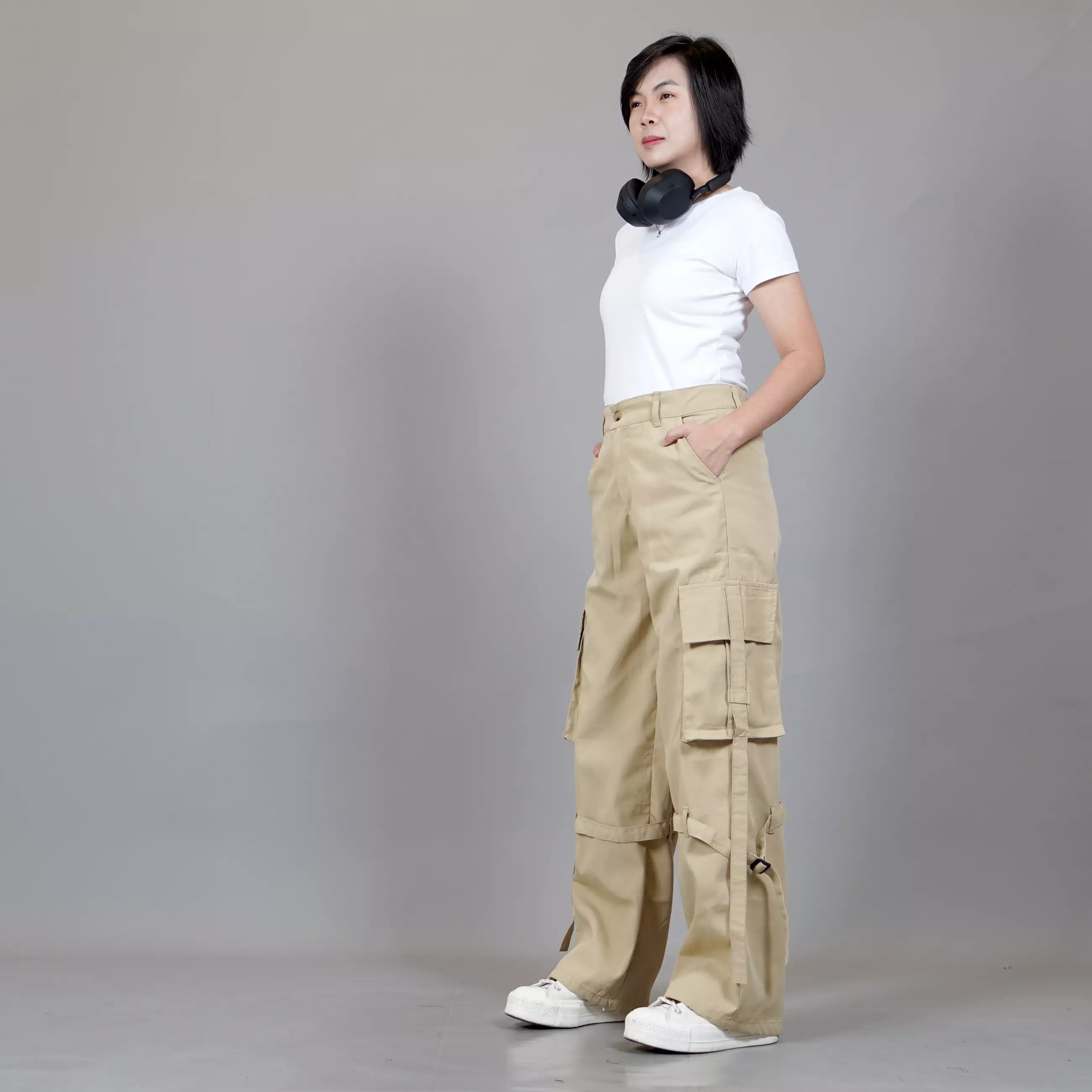  JEAN Celana Cargo Wanita Cargo Loose Pants Celana Cargo Loose Fit - KREM