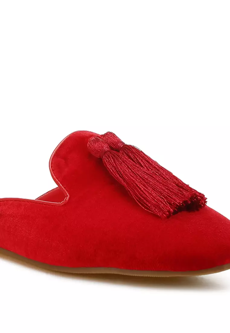 Tassel Detail Velvet Mules in Red