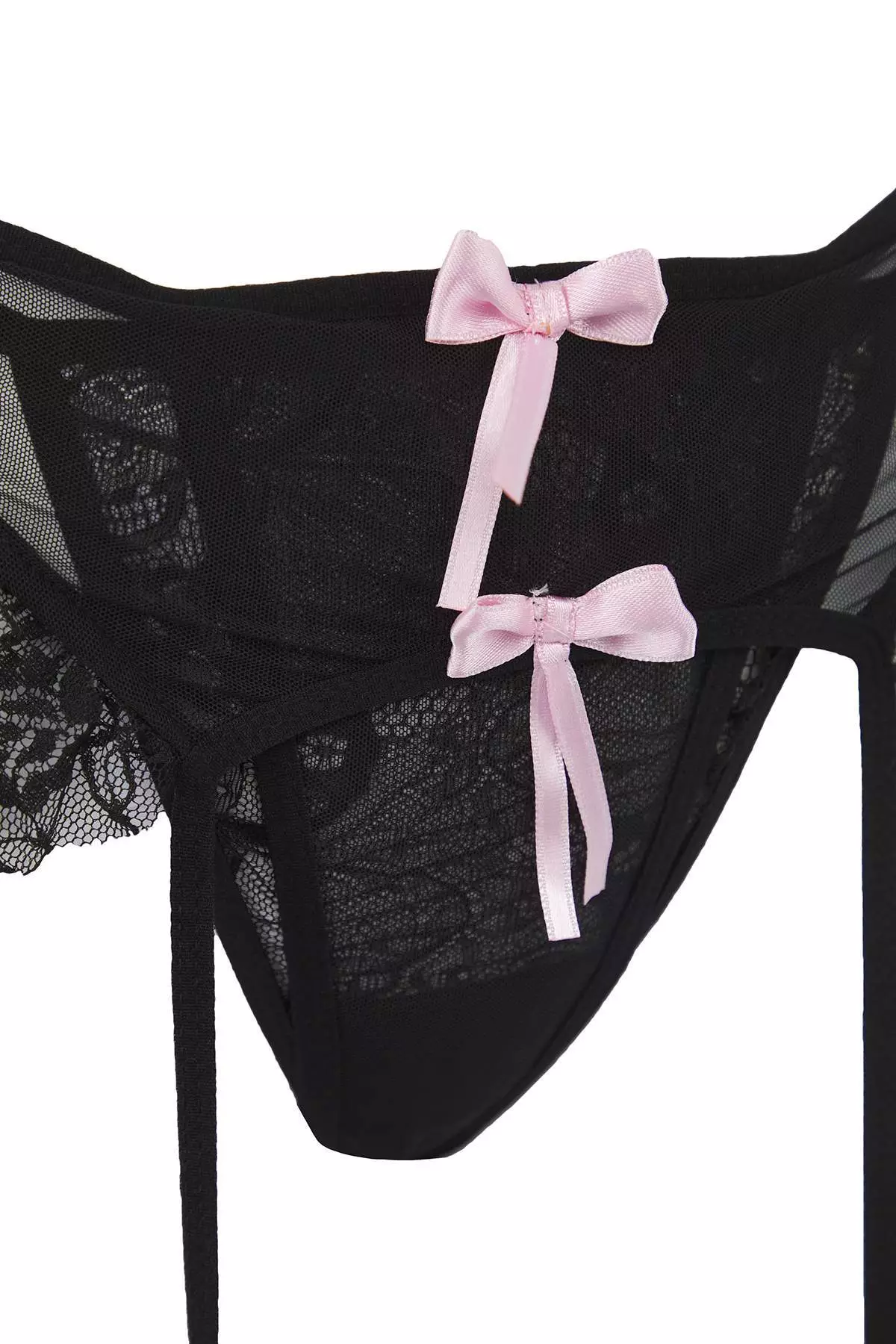Black Ribbon Detailed Leg Band Ruffle Coverless Lace Fantasy Lingerie Set