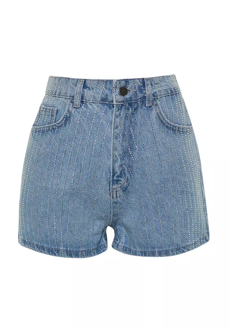 High Waist Rhinestone Denim Shorts