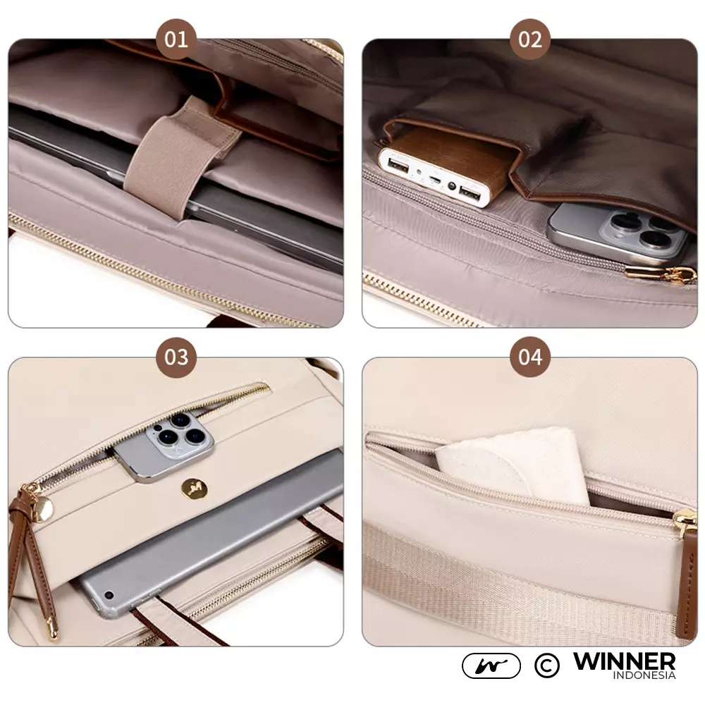 Tas Laptop 14 inch Bahu Selempang Tote Bag Nilon Oxford Wanita Korean Style Anti Air (TT14-051-5585) - Khaki 14 inch