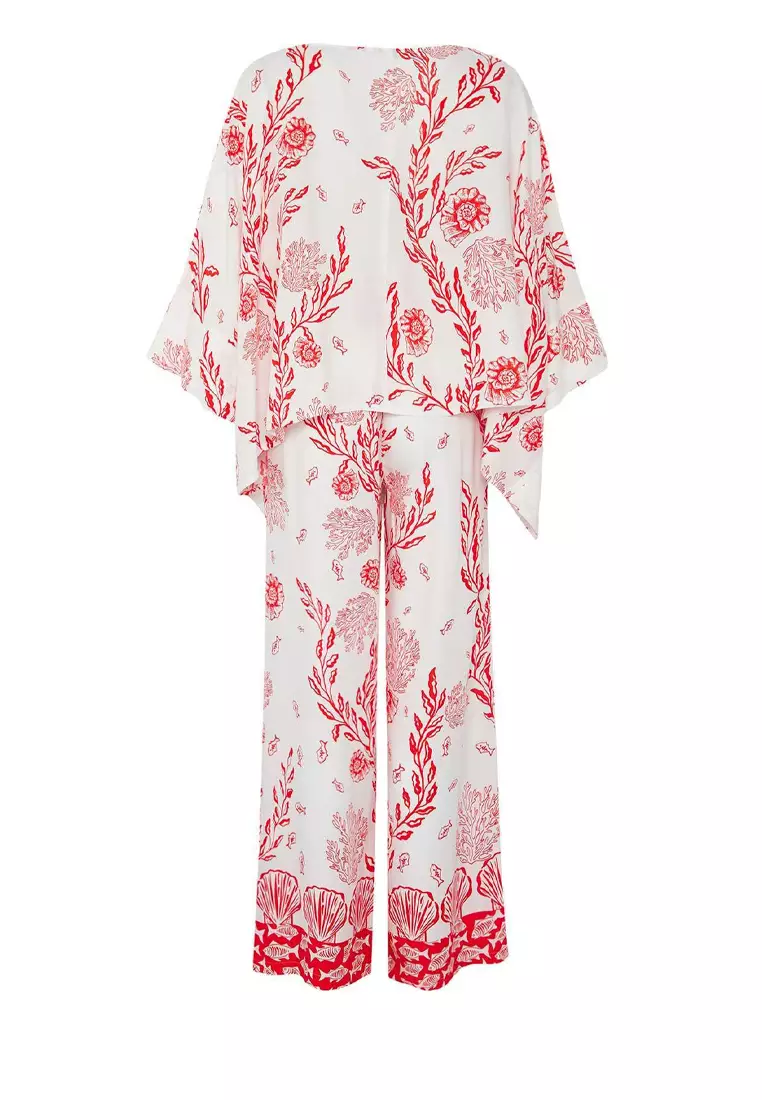 Underwater Patterned Woven Bat Sleeve Shirt Trousers Beach Suit TBESS25AU00003