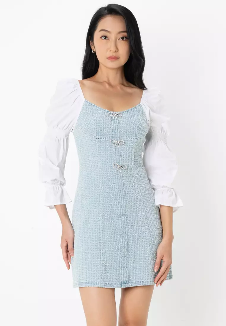 vero moda denim dress Dark Blue Embroidered Denim Dress