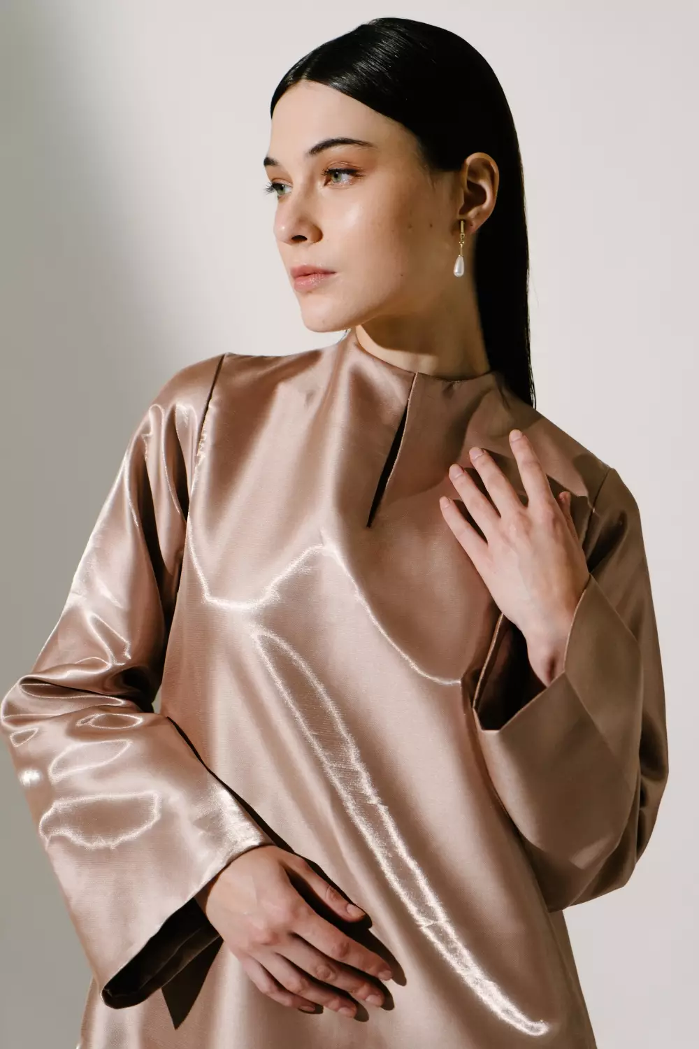 Demure Studio - YARA DRESS IN SHIMMER TAUPE - MODEST DRESS- KAIN MIKADO