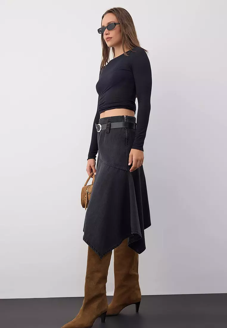 Belted Asymmetrical Midi Denim Skirt