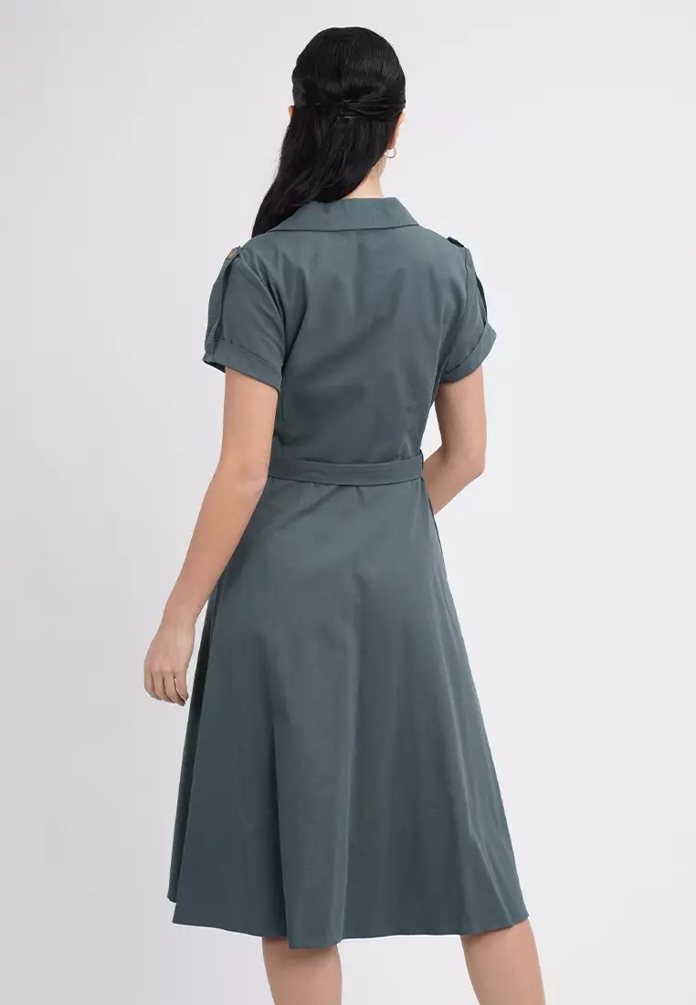 Maxine Button-Down Belted Midi A-Line Dress
