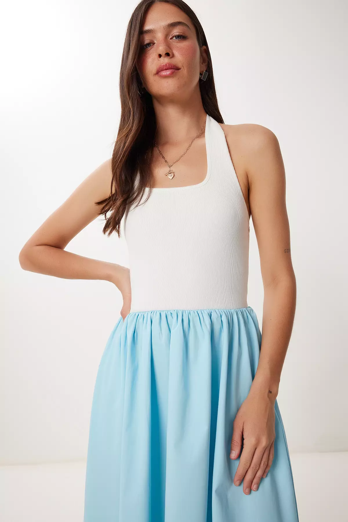 Women's Ecru Blue Stretchy Knitted Top Poplin Skirt Dress Fn03462