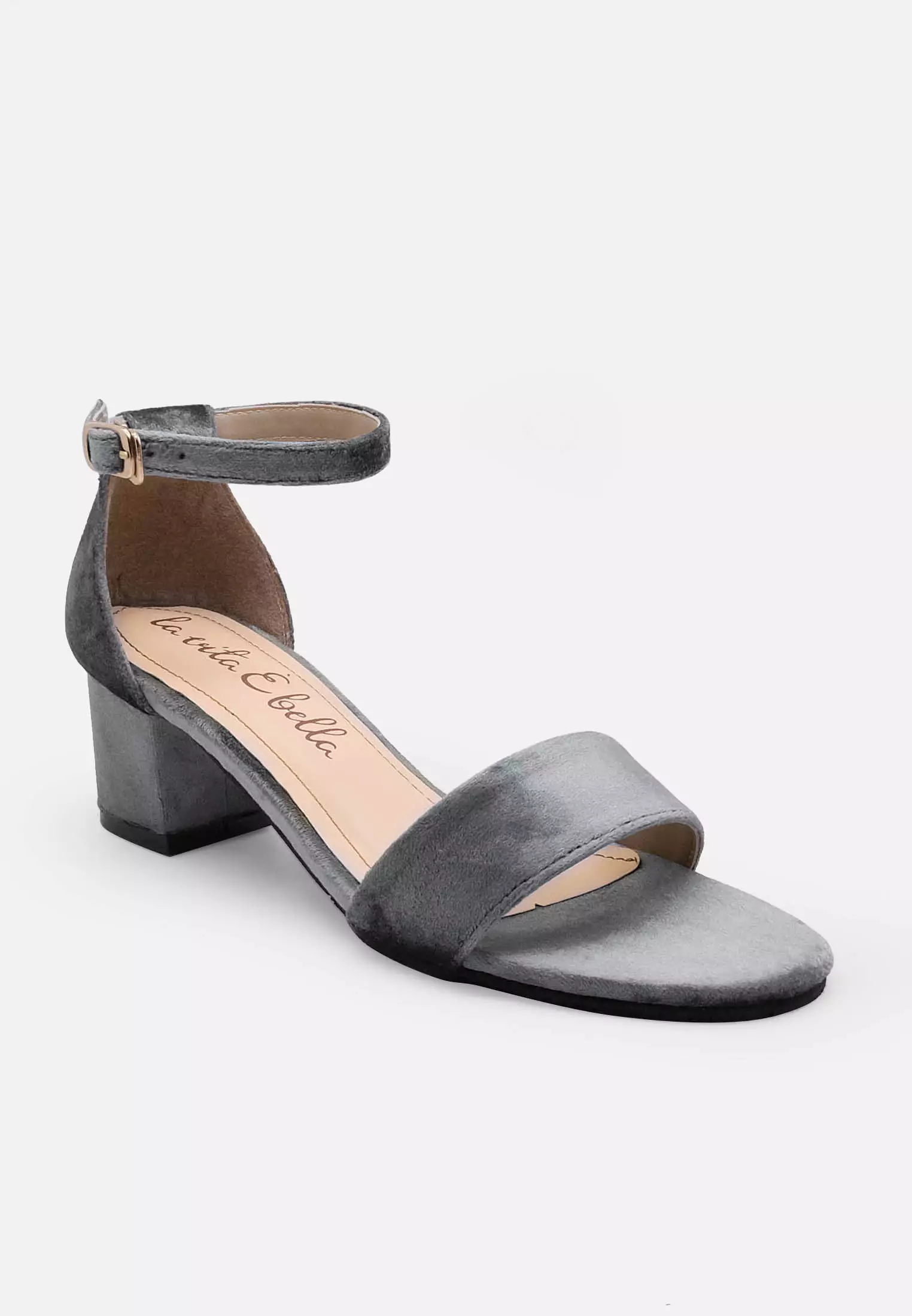 Blanche Ankle Strap Sandal Block Heels Wanita Suede Velvet