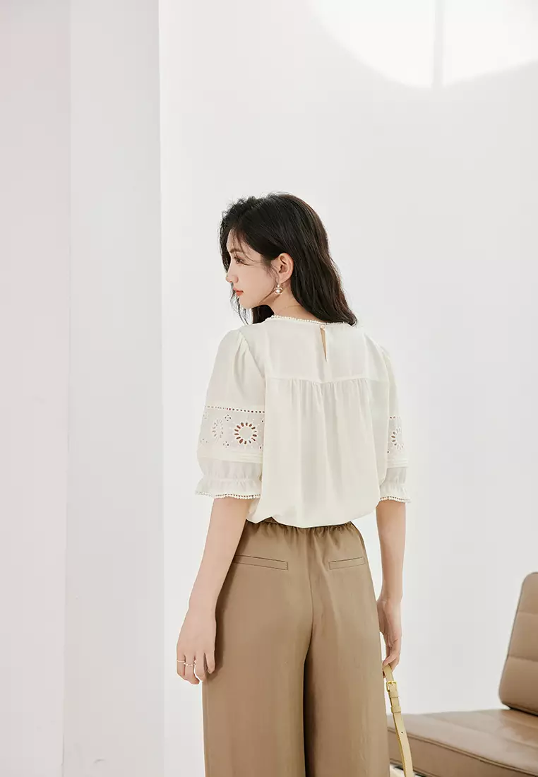 Puff Sleeve Casual Blouse with Embroidery