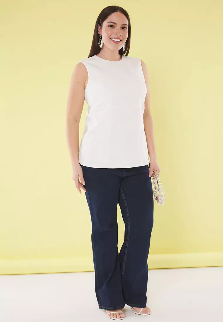 White Sleeveless Backless Bowknot Stylish Woven Plus Size Blouse Tbbss25Af00089