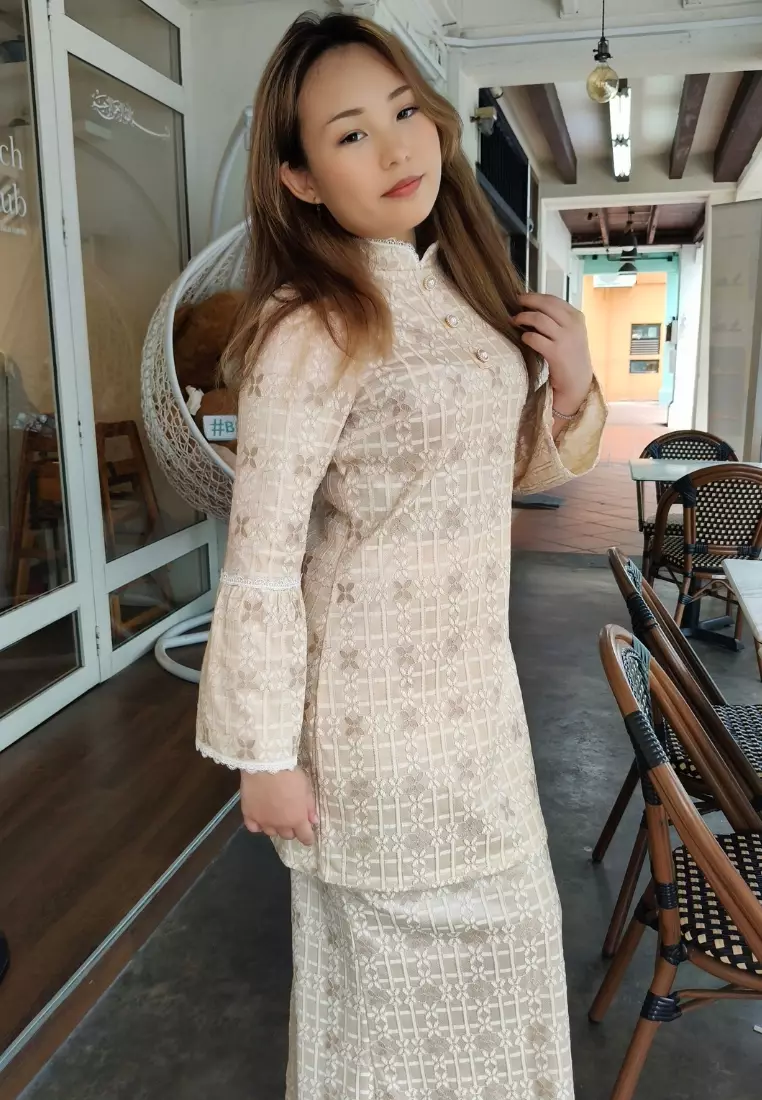 High Neck Beige Checkered Lace Modern Baju Kurung Hari Raya