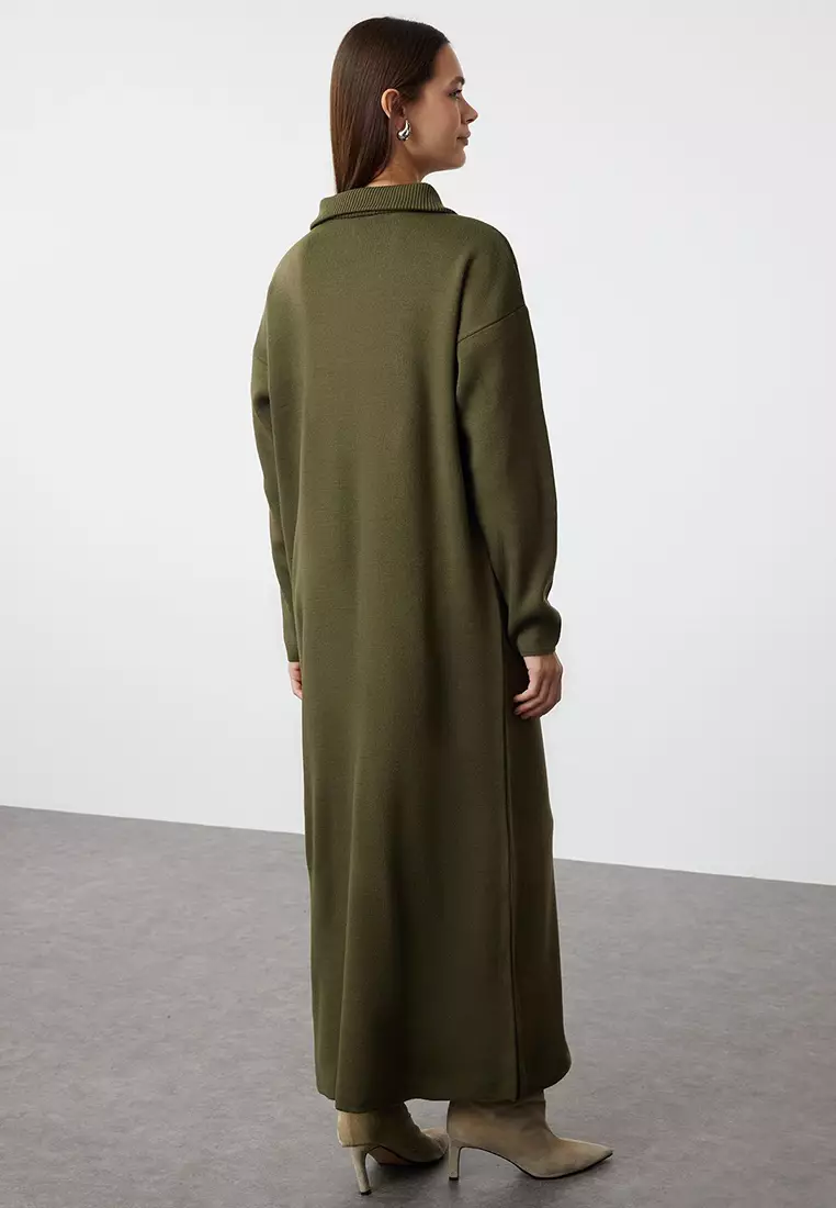 Green Comfortable Fit Zippered Collar Bsic Knitwear Dress TCTAW25EB00013