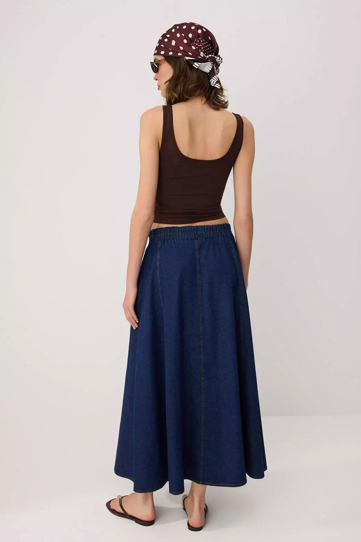Navy Blue Flared Maxi Denim Skirt Twoss26Et22