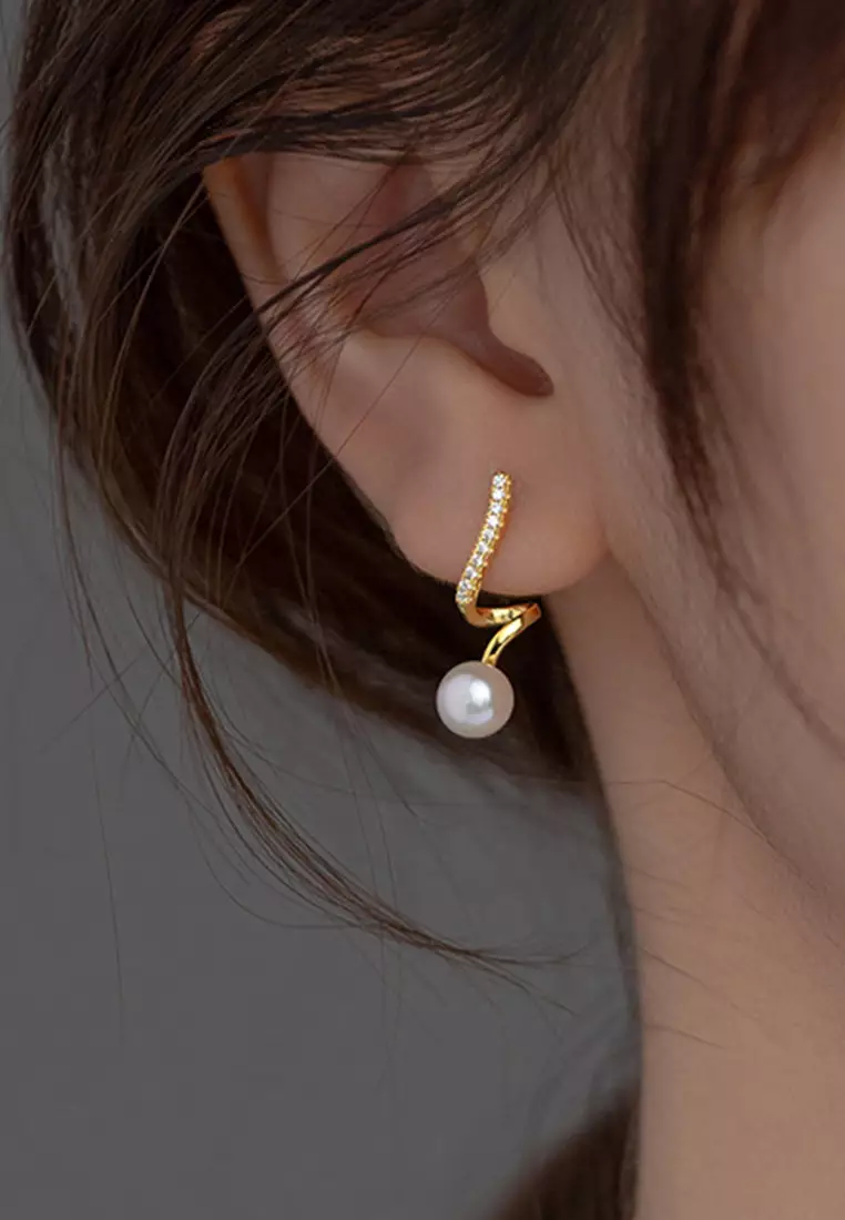 925 Silver Gold Plated Spiral Faux Pearl Earrings JW AR-M01676