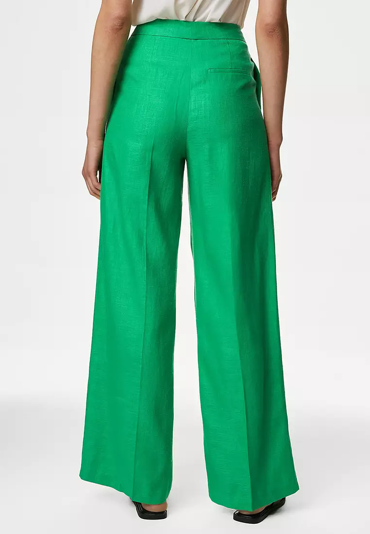 Linen Rich Pleated Wide Leg Trousers