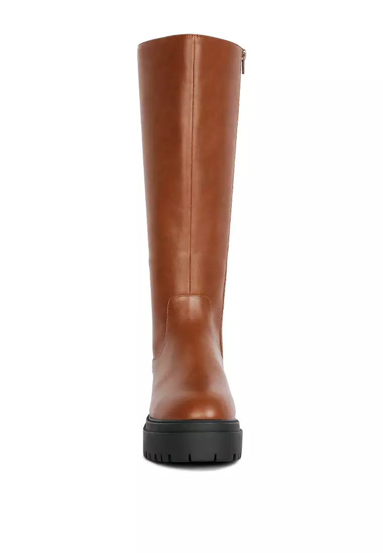 Tan Round Toe Knee High Platform Boot