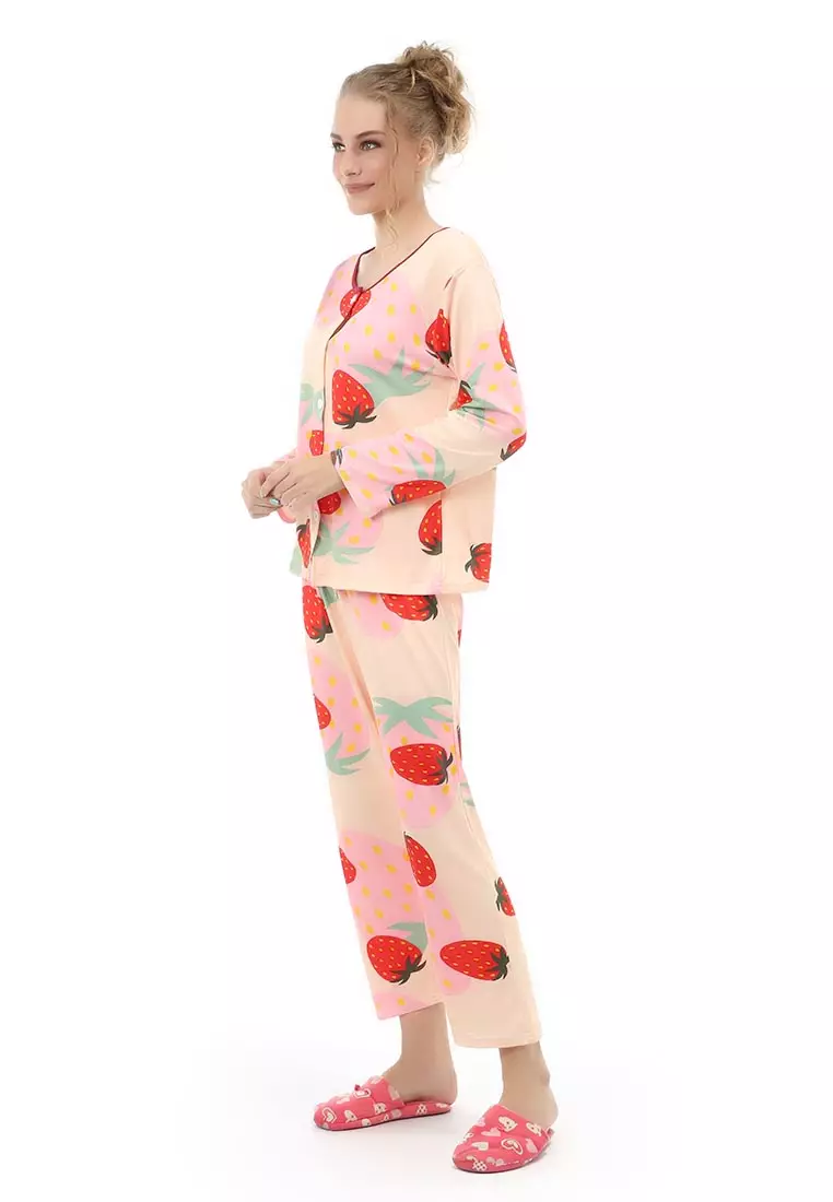 Vance Setelan Piyama Baju Tidur Wanita Lengan Panjang Strawberry Motive Material Cotton ORIGINAL - Cream