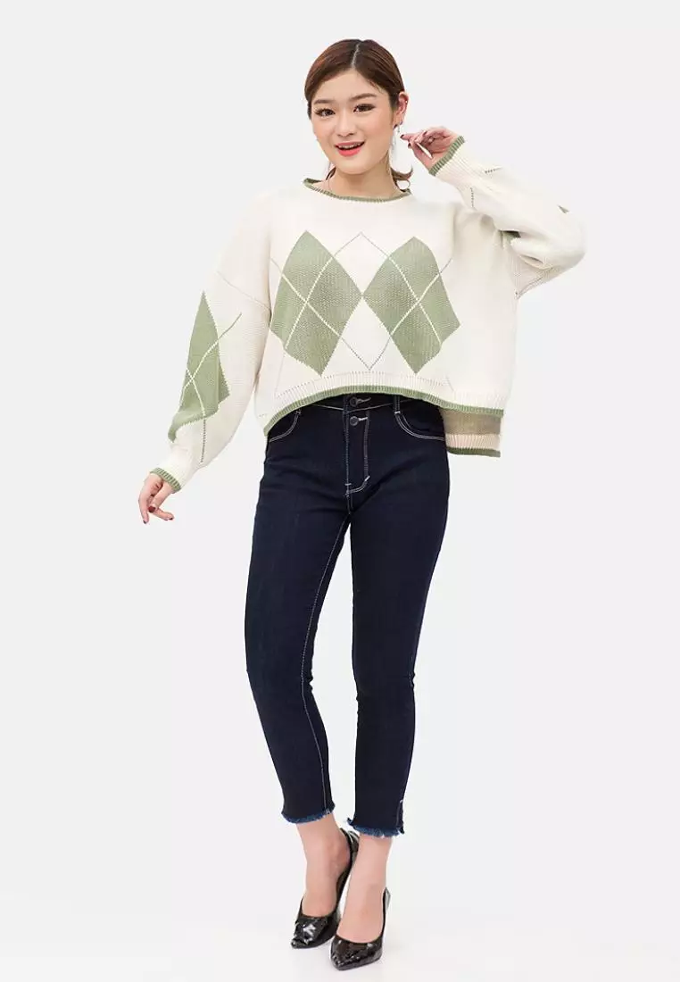 Diamond Crop Sweater in Green