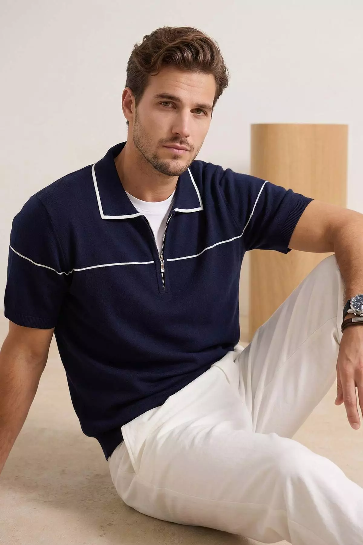 Navy Blue Regular/Normal Cut Piping Detailed Zippered Knitwear T-Shirt Tmnss26Ts00020