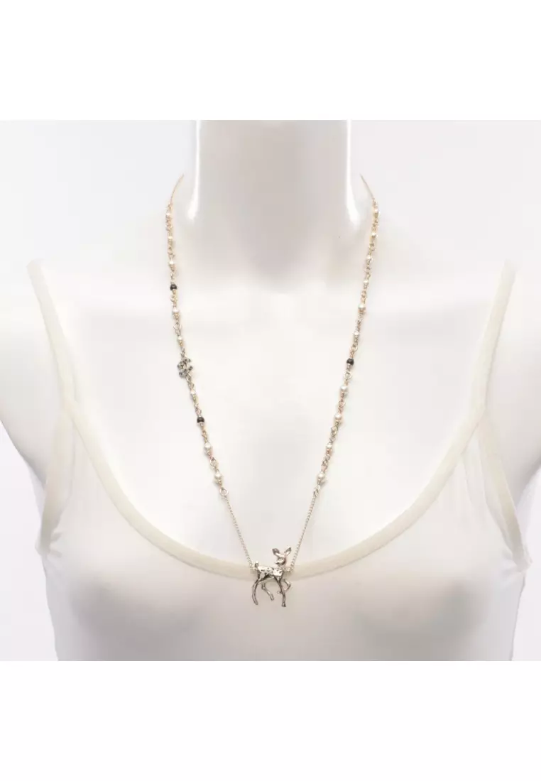 Pre-Loved Chanel coco mark necklace Deer motif GP Fake pearl Rhinestone gold off white black G26C
