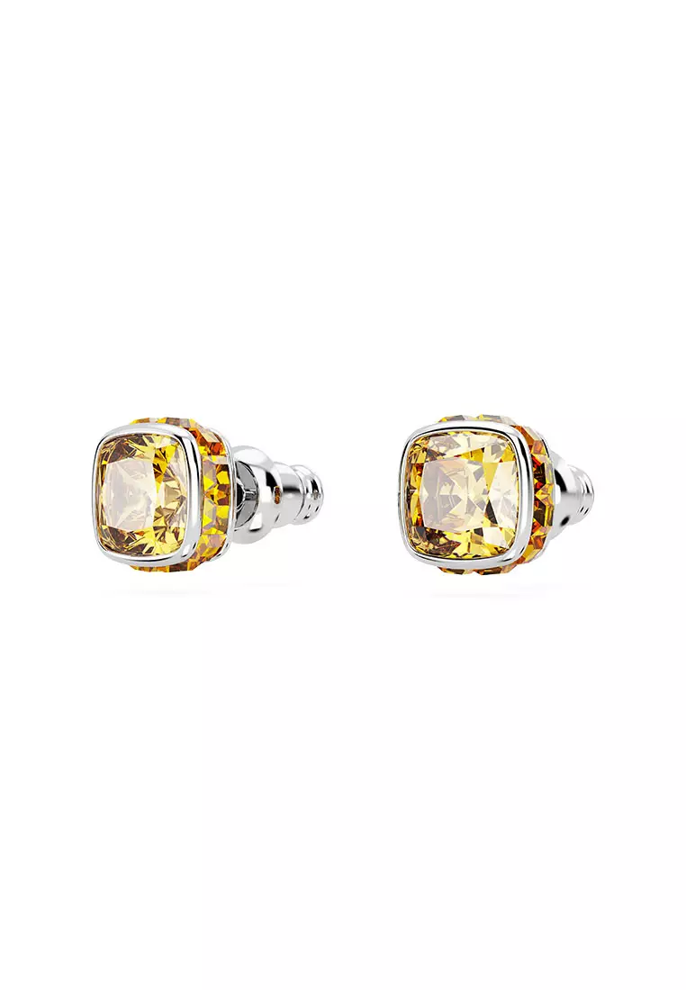 Birthstone Stud Earrings, Square Cut, November, Yellow, Rhodium plated