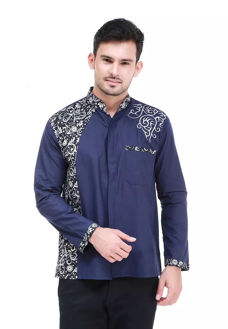 Dwan Kemeja Batik Pria Simple Atasan Formal Longsleeve Shirt Material Cotton ORIGINAL - Blue