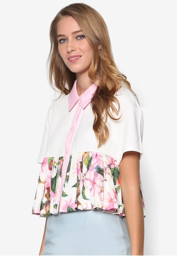 櫻花圖案褶飾短袖襯衫, esprit 尺寸服飾, 上衣