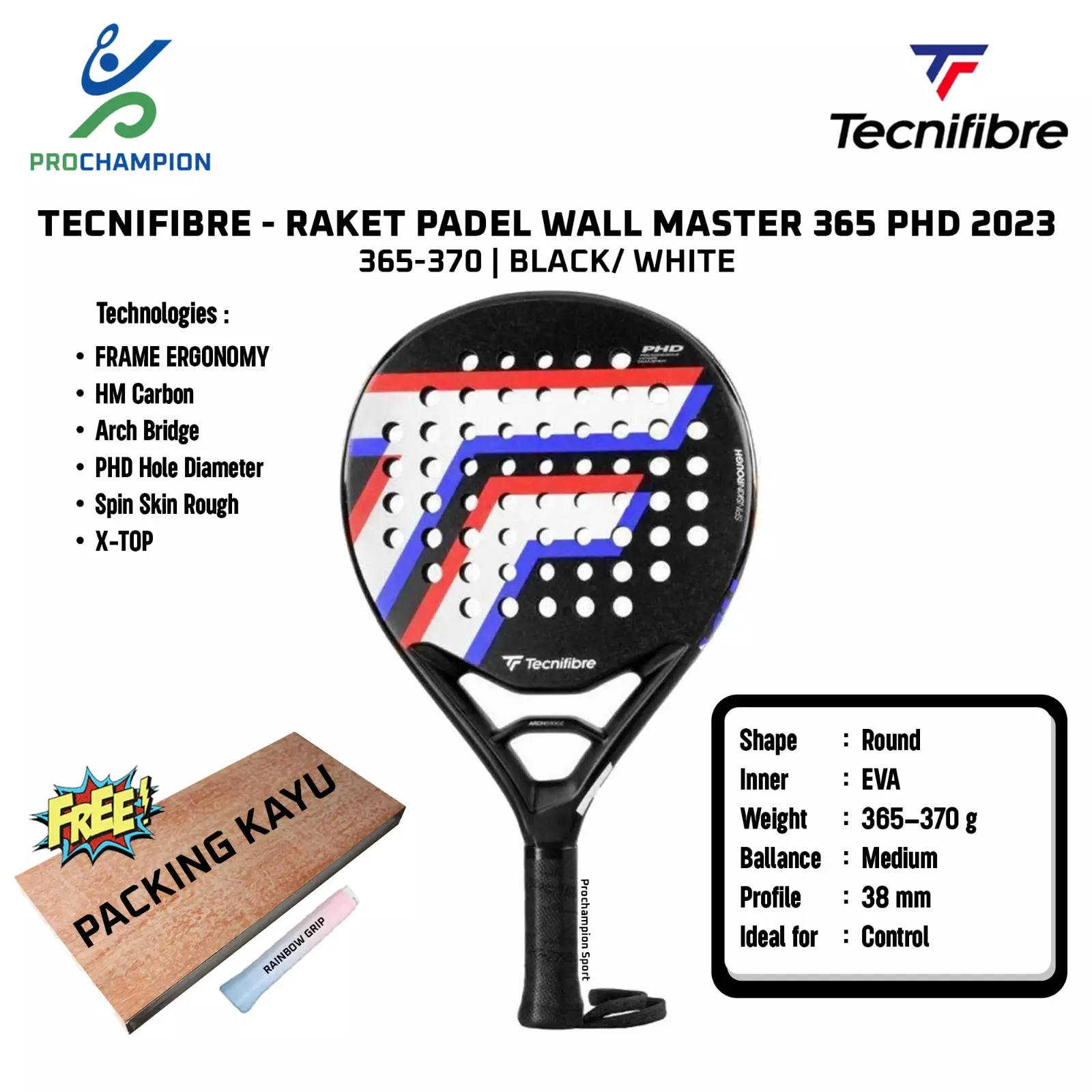 Raket Padel TECNIFIBRE Wall Master 365 PHD 365-370G Black White