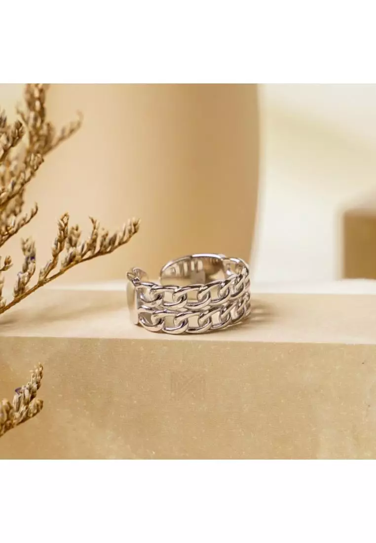 Millennia 2000 Double Chain Link White Gold Ring with 925 Sterling Silver
