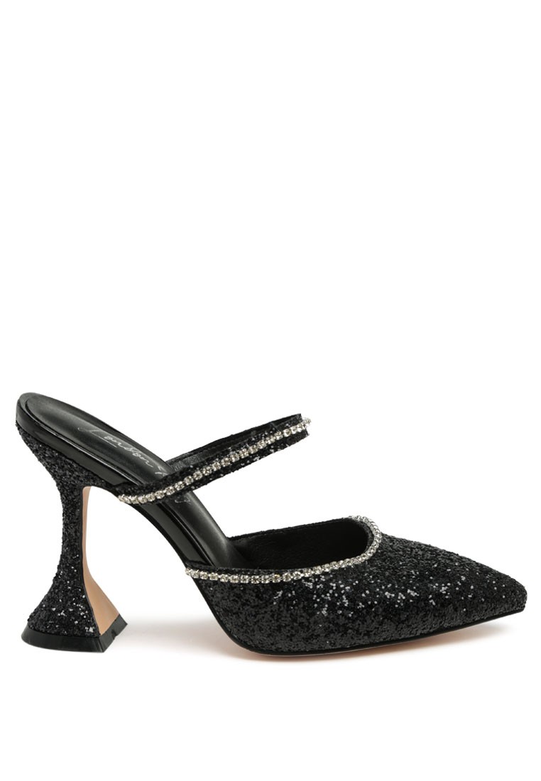 Glitter Spool Heel Sandal in Black