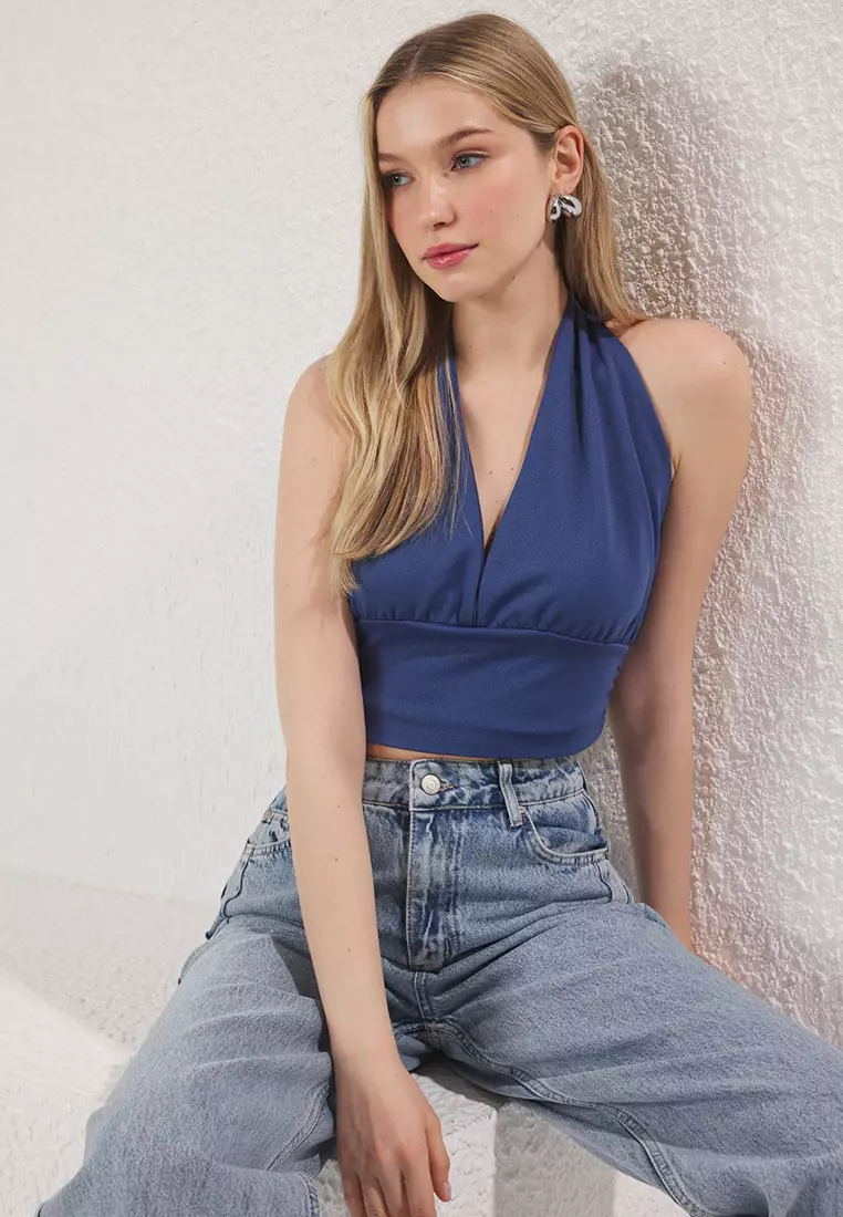 Indigo Halter Neck Fitted Crop Knit Blouse Twoss22Bz0544