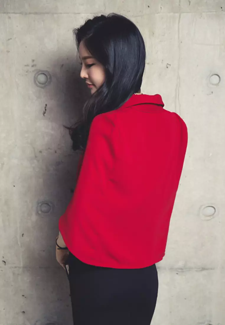 Red Chiffon Cape Shawl Button Down Top A083118